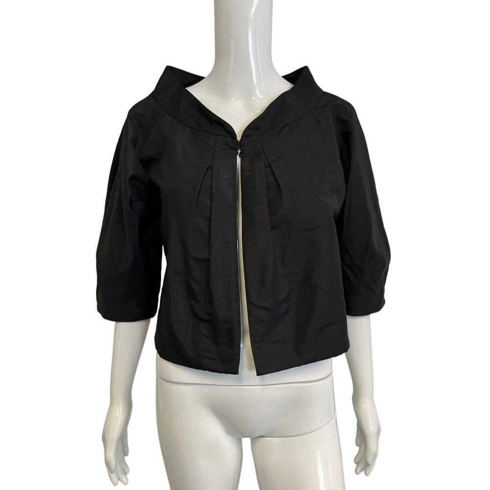 TERI JON RICKIE FREEMAN Black Silk Cropped 3/4 Sleeve Evening Blazer Jacket 6